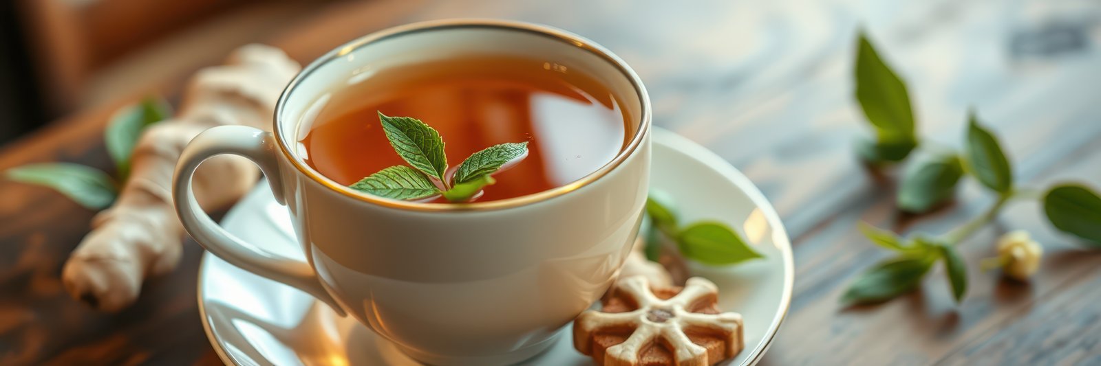 Warm tea with herbs and cookies served on a wooden table in a cozy cafe setting during the afternoon